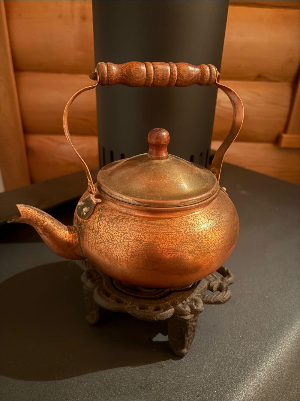 Copper Finish Teapot with Wooden Handle - Rustic Home Kitchen